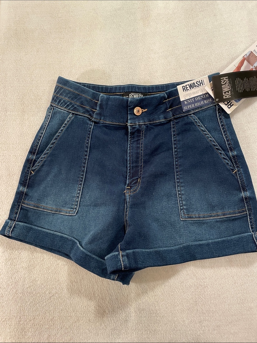 Rewash Dark Blue Knit Denim High-Rise Cuffed Shorts